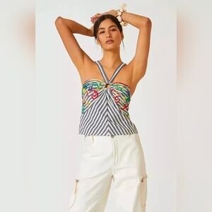 Tiny Anthropology Large Halter Top Gem Embroidered Dopamine Boho Coastal